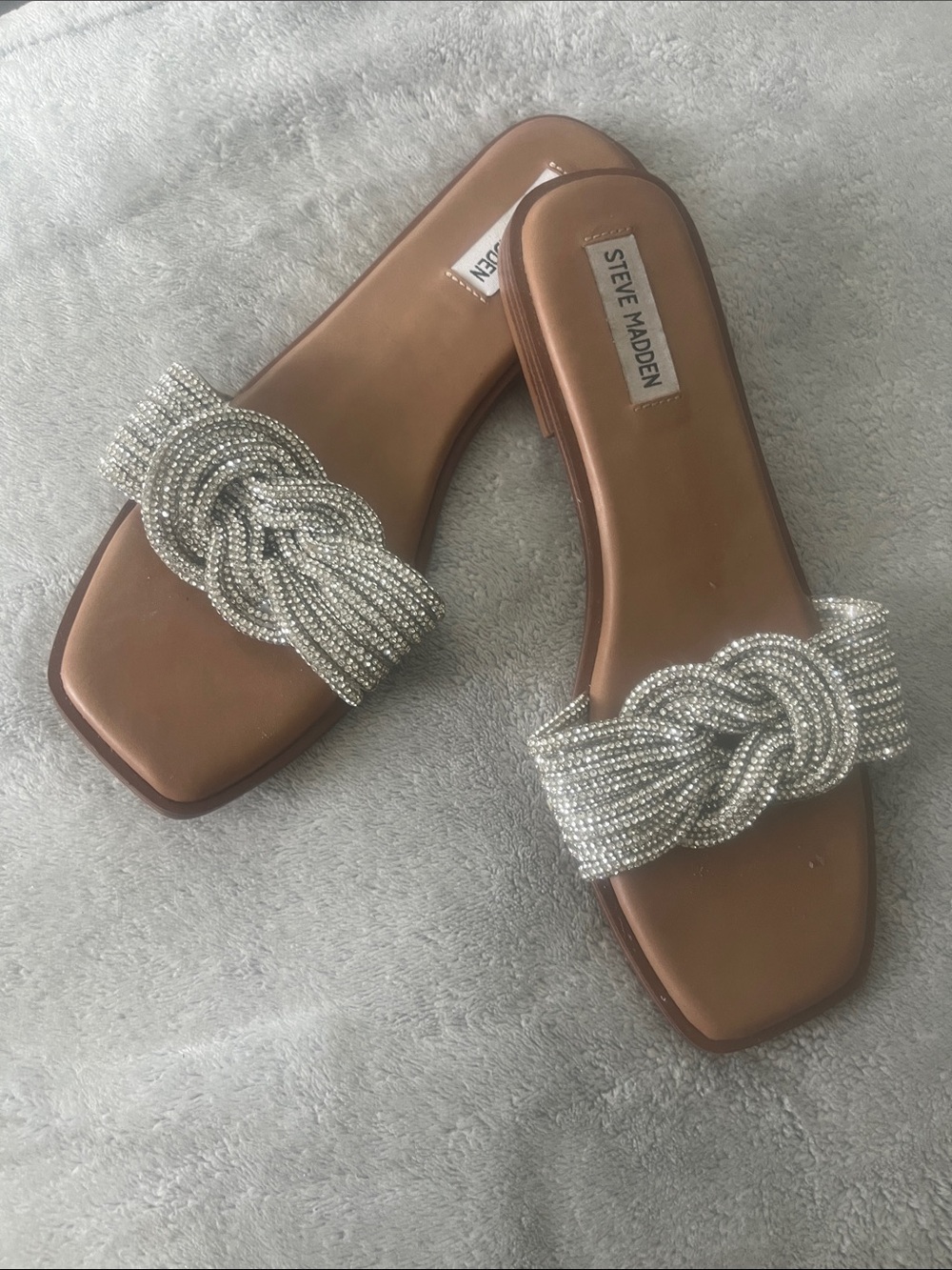 Steve Madden Brown Slide Sandals with Silver Beaded Knot Strap
